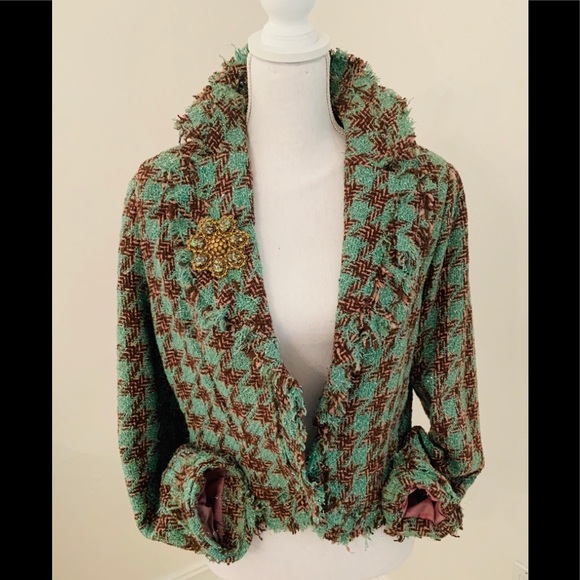 Jackets & Blazers - FRINGE TWEED OPEN JACKET METALLIC GREEN/BROWN